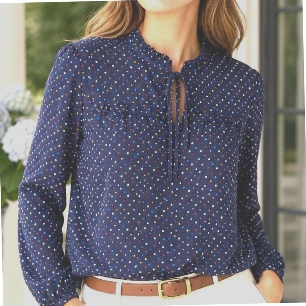 Talbots Blouse Navy Blue Multicolor Polka Dot Ruffle Tie Neck Rayon Top Womens M
